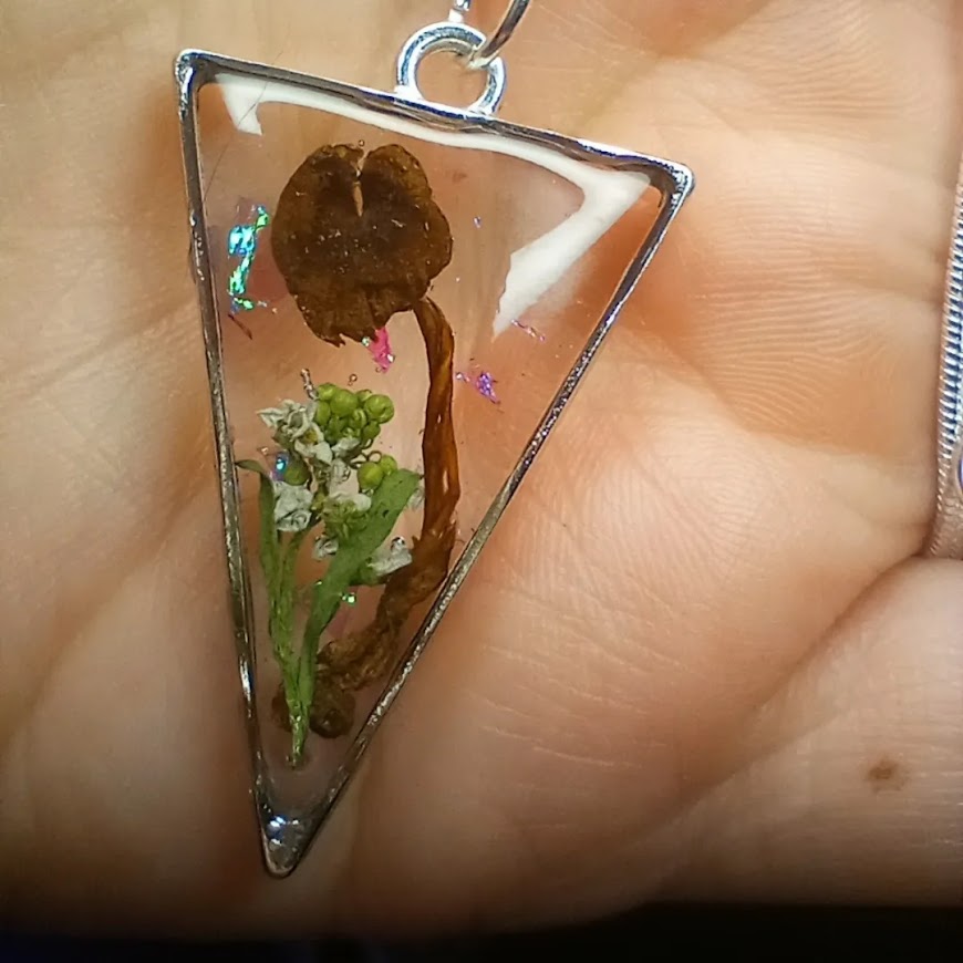 Triangle Mushroom and White Flower Necklace