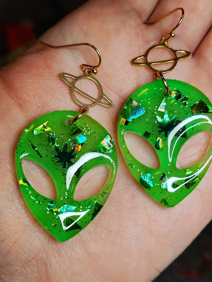Green Alien Saturn Dangles