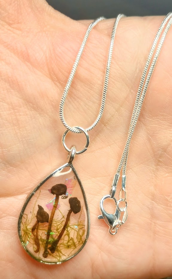 Mushroom and Moss Teardrop Necklace