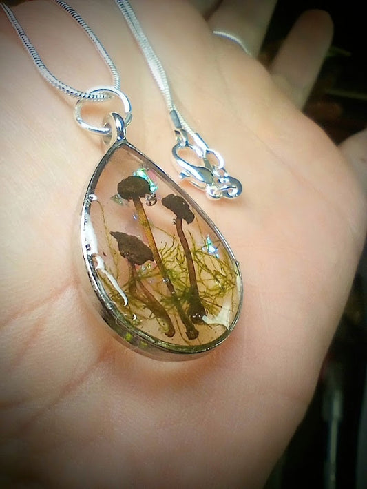 Mushroom and Moss Teardrop Necklace