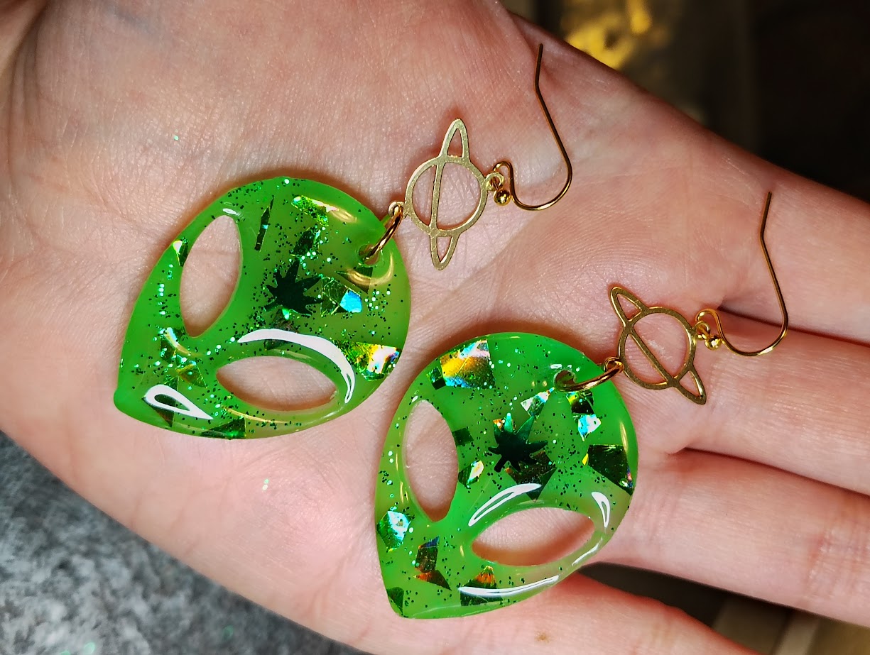 Green Alien Saturn Dangles