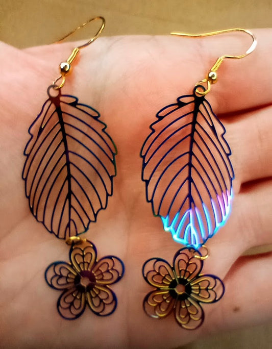 Iridescent Leaf Flower Earrings
